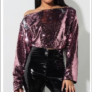 Pink Sequin off the shoulder top.